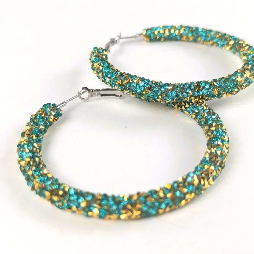 Turquoise & Gold Large Sparkly Hoop Earrings - Picture 2 of 3